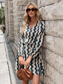 Aveloria Vestido con estampado de rayas de manga farol ribete con fruncido - Multicolor - Ver 6