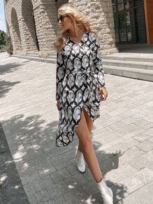 GENKIRA Allover Print Belted Wrap Dress - Black and White - View 5
