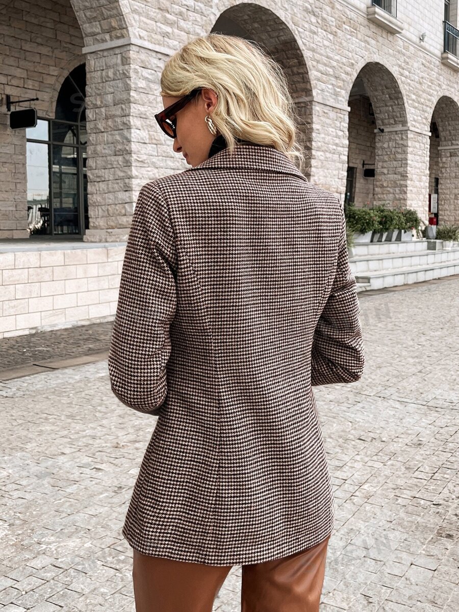 SHEIN Privé Houndstooth Lapel Collar Dual Pockets Blazer Without Belt