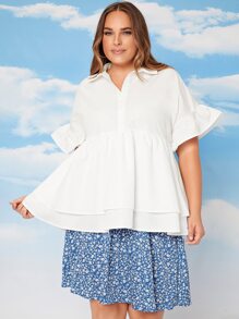 SHEIN Plus Half Button Flounce Sleeve Layered Hem Shirt - White - View 3