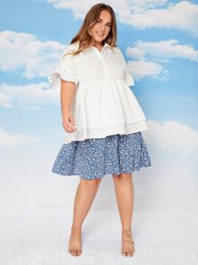 SHEIN Plus Half Button Flounce Sleeve Layered Hem Shirt - White - View 5