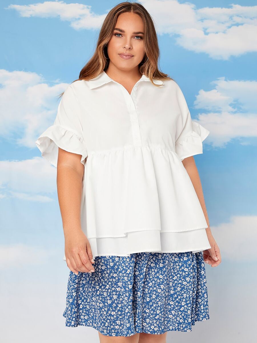 SHEIN Plus Half Button Flounce Sleeve Layered Hem Shirt - White - View 1
