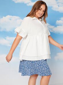 SHEIN Plus Half Button Flounce Sleeve Layered Hem Shirt - White - View 6