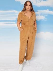 SHEIN Plus Half Zipper Hooded Jumpsuit - Camel - View 3