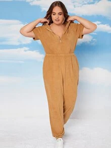 SHEIN Plus Half Zipper Hooded Jumpsuit - Camel - View 5