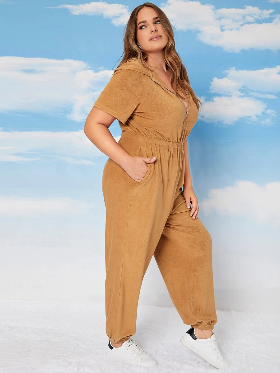 SHEIN Plus Half Zipper Hooded Jumpsuit - Camel - View 1