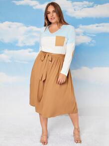 SHEIN LUNE 大碼高腰單排釦腰帶半身裙 - 駝色 - 查看 3