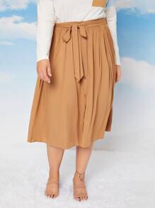SHEIN LUNE 大碼高腰單排釦腰帶半身裙 - 駝色 - 查看 4