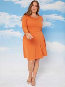 SHEIN Plus Neon Orange Fit & Flare Dress - Orange - View 5