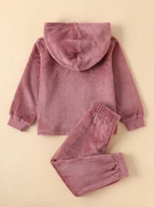 SHEIN Young Girl Solid Teddy Hoodie With Pants - Dusty Pink - View 2