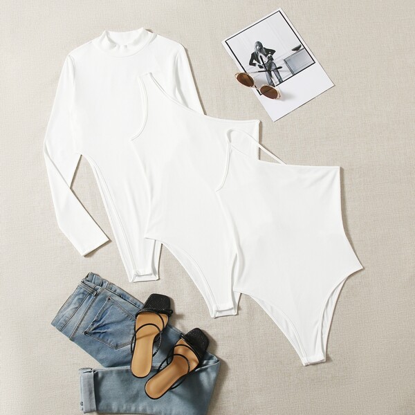 

3pcs Solid Slim Fit Bodysuit, Beige