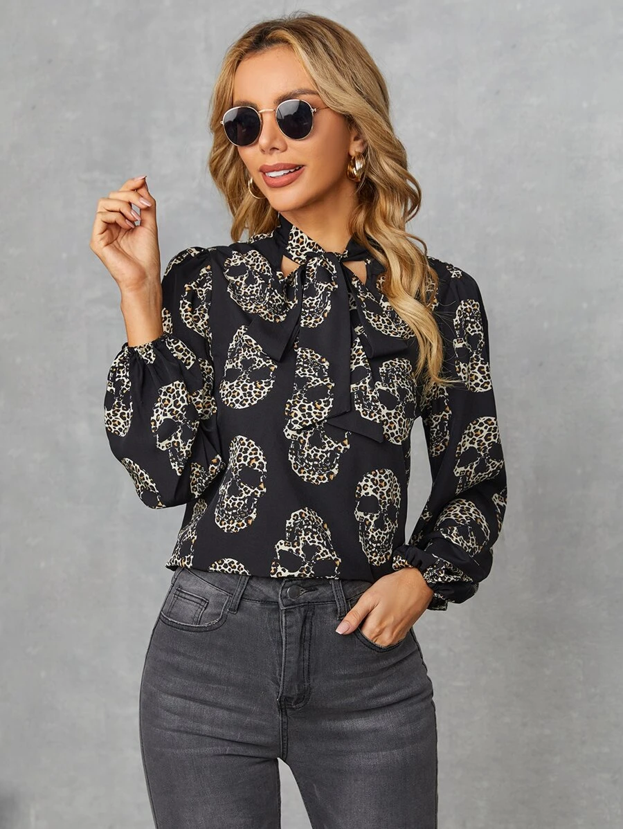 SHEIN Skull Print Tie Neck Blouse - Multicolor - View 1