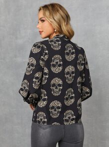 SHEIN Skull Print Tie Neck Blouse - Multicolor - View 2