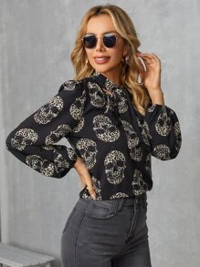 SHEIN Skull Print Tie Neck Blouse - Multicolor - View 3