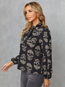 SHEIN Skull Print Tie Neck Blouse - Multicolor - View 5