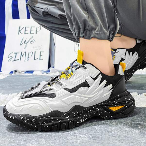 

Men Colorblock Lace-up Front Chunky Sneakers, Black and white