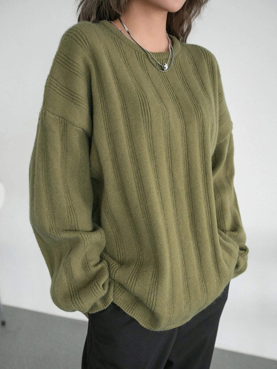 DAZY Suéter De Hombros Caídos De Punto Acanalado - Verde militar - Ver 1