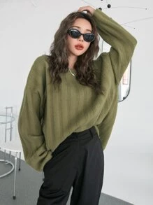 DAZY Suéter De Hombros Caídos De Punto Acanalado - Verde militar - Ver 3