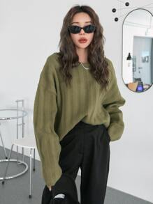 DAZY Suéter De Hombros Caídos De Punto Acanalado - Verde militar - Ver 4