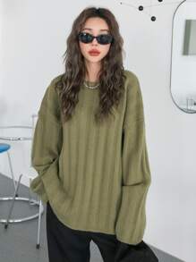 DAZY Suéter De Hombros Caídos De Punto Acanalado - Verde militar - Ver 5