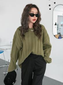 DAZY Suéter De Hombros Caídos De Punto Acanalado - Verde militar - Ver 6