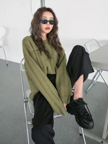 DAZY Suéter De Hombros Caídos De Punto Acanalado - Verde militar - Ver 8