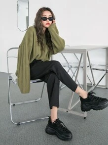 DAZY Suéter De Hombros Caídos De Punto Acanalado - Verde militar - Ver 9