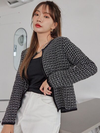 DAZY Plaid Pattern Open Front Tweed Overcoat,Fall Clothes Women Jacket