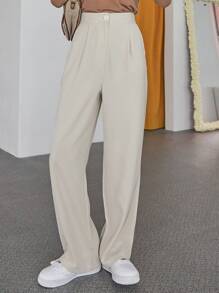 DAZY Solid Slant Pocket Wide Leg Trousers - Beige - View 2