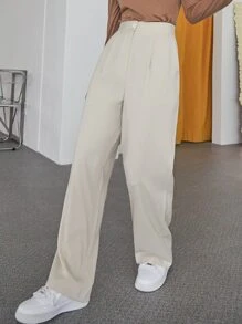 DAZY Solid Slant Pocket Wide Leg Trousers - Beige - View 3