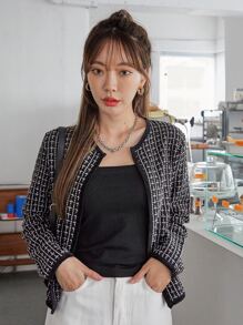 DAZY Plaid Pattern Open Front Tweed Overcoat,Fall Clothes Women Jacket - Black - View 3