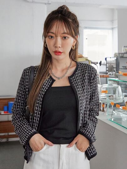 DAZY 格纹图案前开式粗花呢大衣，秋季女装夹克