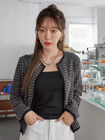 DAZY 格纹图案前开式粗花呢大衣，秋季女装夹克