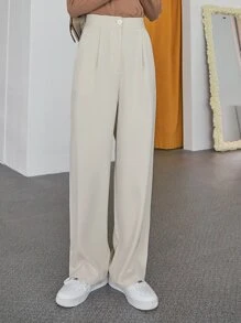 DAZY Solid Slant Pocket Wide Leg Trousers - Beige - View 4