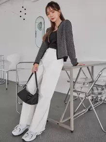 DAZY Plaid Pattern Open Front Tweed Overcoat,Fall Clothes Women Jacket - Black - View 5