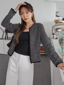 DAZY Plaid Pattern Open Front Tweed Overcoat,Fall Clothes Women Jacket - Black - View 6