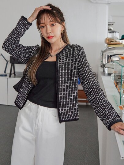 DAZY 格纹图案前开式粗花呢大衣，秋季女装夹克