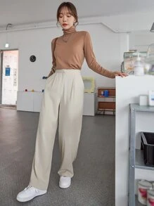DAZY Solid Slant Pocket Wide Leg Trousers - Beige - View 7