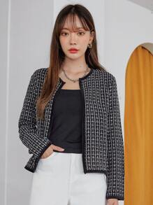 DAZY Plaid Pattern Open Front Tweed Overcoat,Fall Clothes Women Jacket - Black - View 7