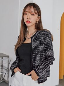 DAZY Plaid Pattern Open Front Tweed Overcoat,Fall Clothes Women Jacket - Black - View 8