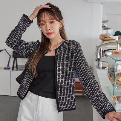 체크 패턴 오픈 프론트 트위드 오버코트, 가을 여성 재킷