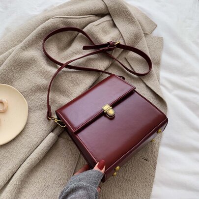Borsetta quadrata con chiusura a bottone a pressione, borsa a tracolla in pelle tinta unita da donna, borsa a tracolla messenger, borse da donna, port