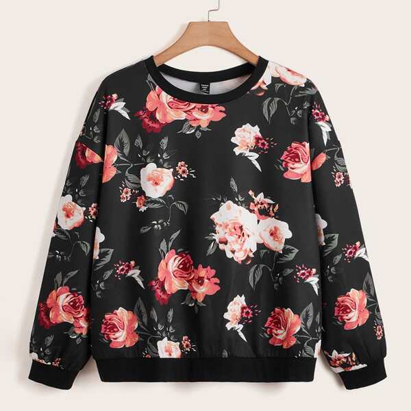 

Plus Drop Shoulder Floral Print Pullover, Multicolor