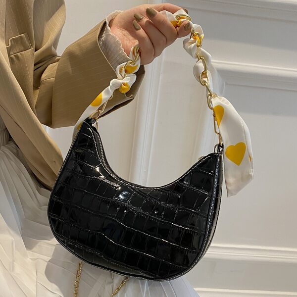

Croc Embossed Scarf Decor Baguette Bag, Black