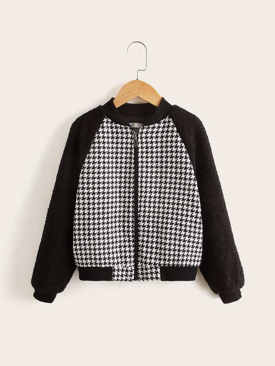 SHEIN Niñas Cazadora tipo bomber de pata de gallo de manga raglán cremallera - Blanco y Negro - Ver 1