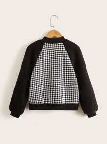 SHEIN Niñas Cazadora tipo bomber de pata de gallo de manga raglán cremallera - Blanco y Negro - Ver 2