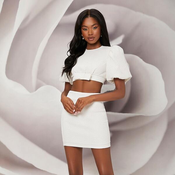 

Lantern Sleeve Zip Back Crop Top & Bodycon Skirt, White