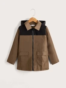 SHEIN Boys Two Tone Flap Pocket Hooded Jacket - Coffee Brown - View 1