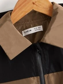 SHEIN Boys Two Tone Flap Pocket Hooded Jacket - Coffee Brown - View 3