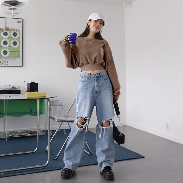 

Letter Graphic Drop Shoulder Crop Sweatshirt, Khaki